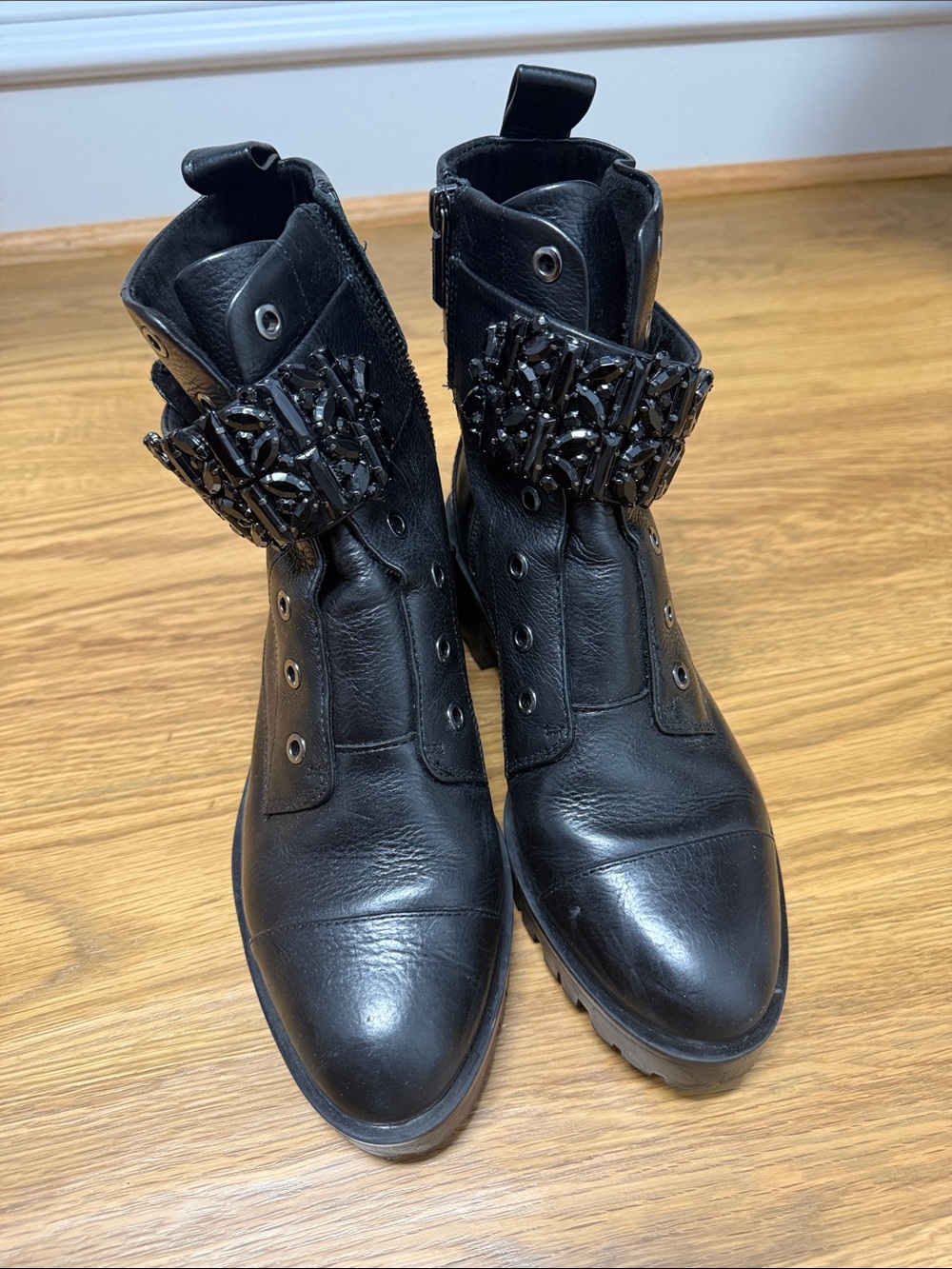 Karl Lagerfeld Black Leather Ankle Boots with Jeweled Strap